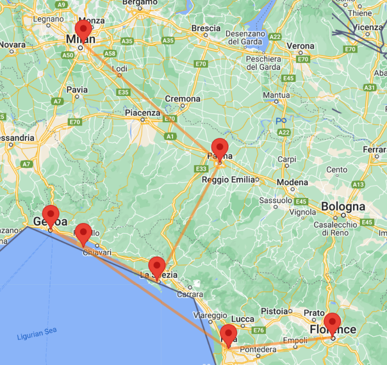 Cinque Terre and Tuscany itinerary map
